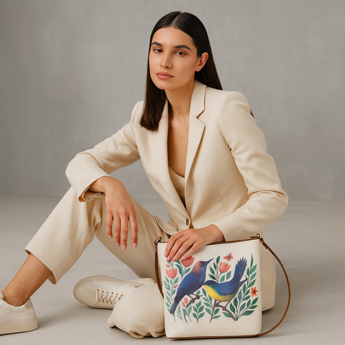 Women's handpainted birds crossbody bag in vegan leather for everyday use, work, office, travel, shopping, trips, and gifting-model image