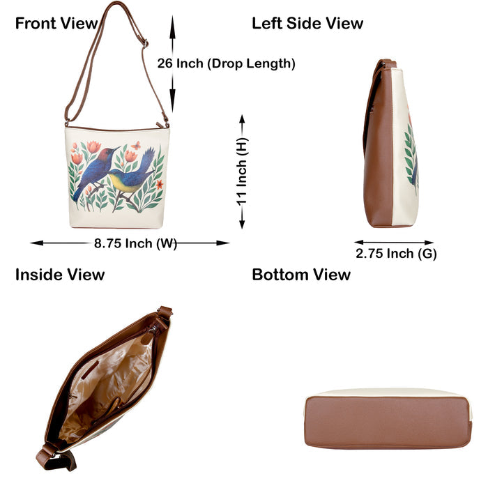 Women's handpainted birds crossbody bag in vegan leather for everyday use, work, office, travel, shopping, trips, and gifting-infographic image