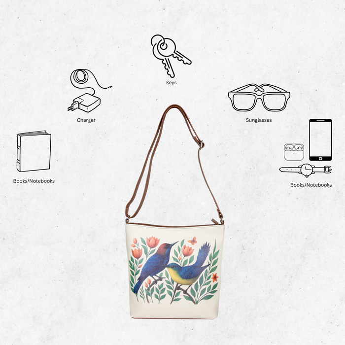 Women's handpainted birds crossbody bag in vegan leather for everyday use, work, office, travel, shopping, trips, and gifting-feature image