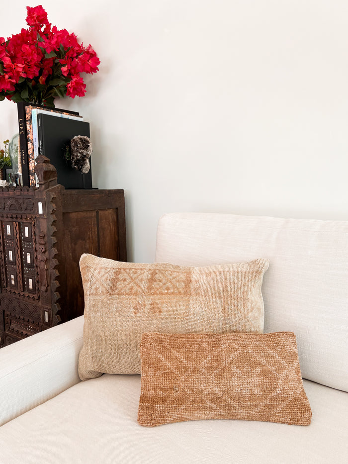 Handmade Turkish oushak pillow cover made with vintage rugs tan 8x16