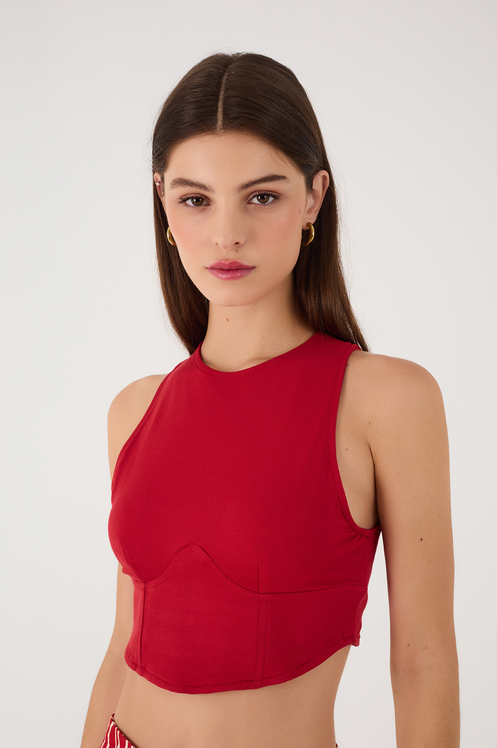 Red Sleeveless Corset Crop Top_4