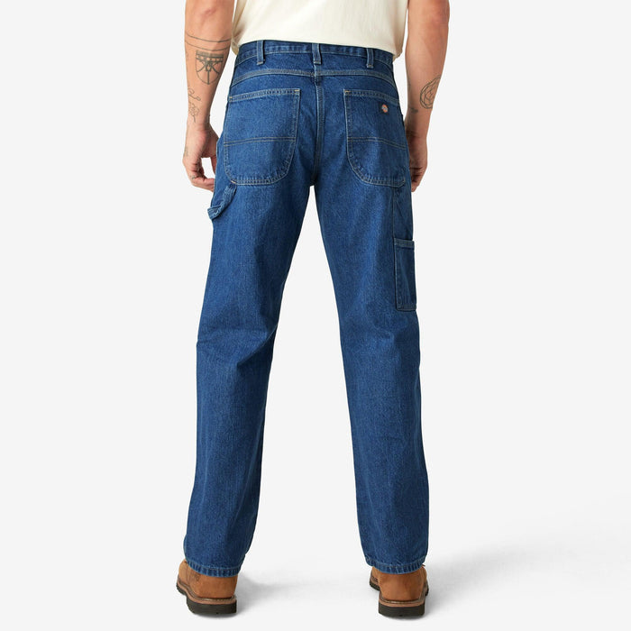 Back view of the Dickies stonewashed indigo carpenter jean showing the back pockets