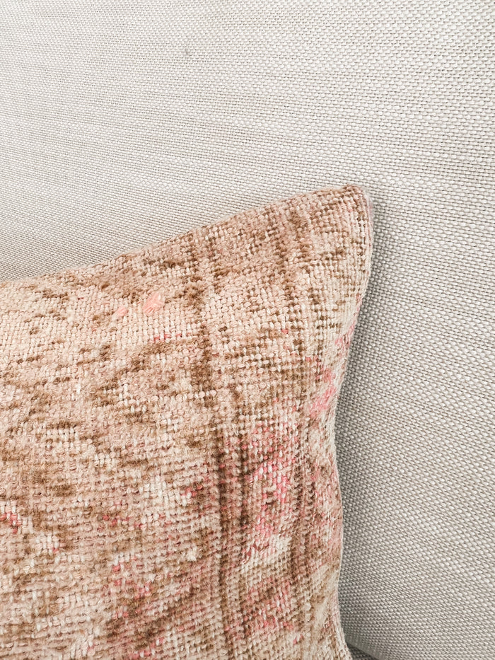 Handmade traditional Turkish oushak pillow cover made with vintage rugs 12x20pink and tan