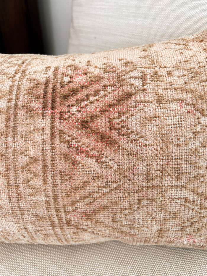 Handmade traditional Turkish oushak pillow cover made with vintage rugs 12x20pink and tan