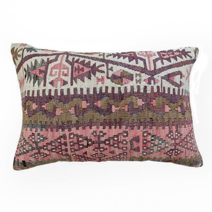 traditional Handmade Turkish kilim pillow cover made with vintage rugs 16x24 pink olive boho scandanavian design
