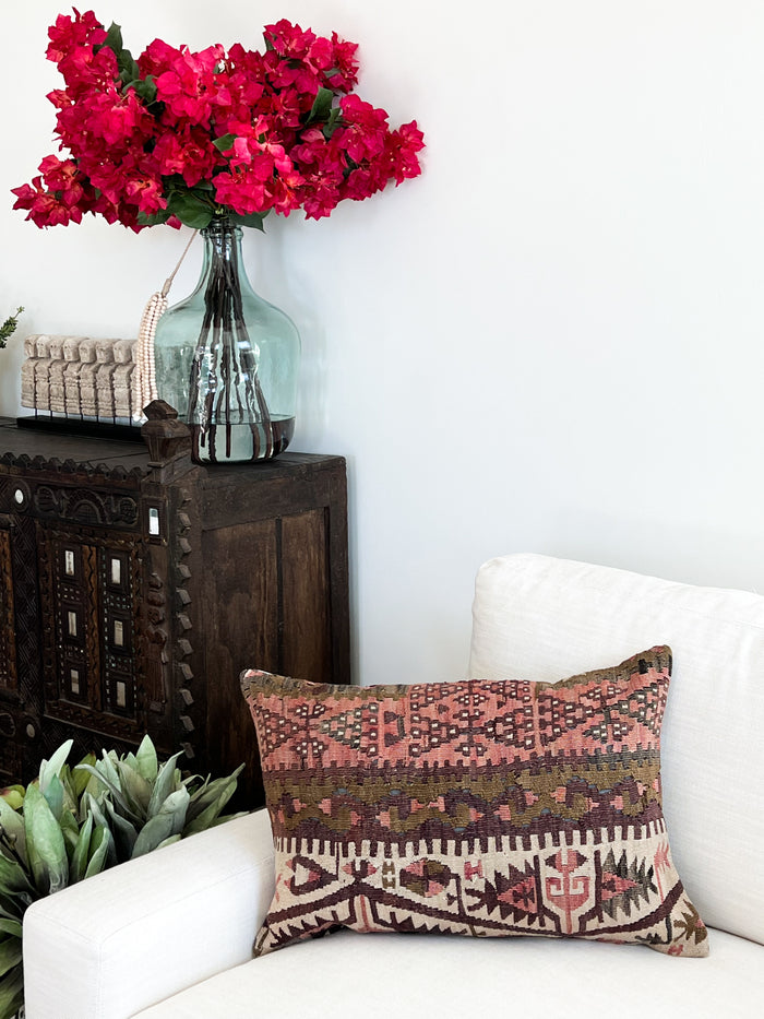 traditional Handmade Turkish kilim pillow cover made with vintage rugs 16x24 pink olive boho scandanavian design