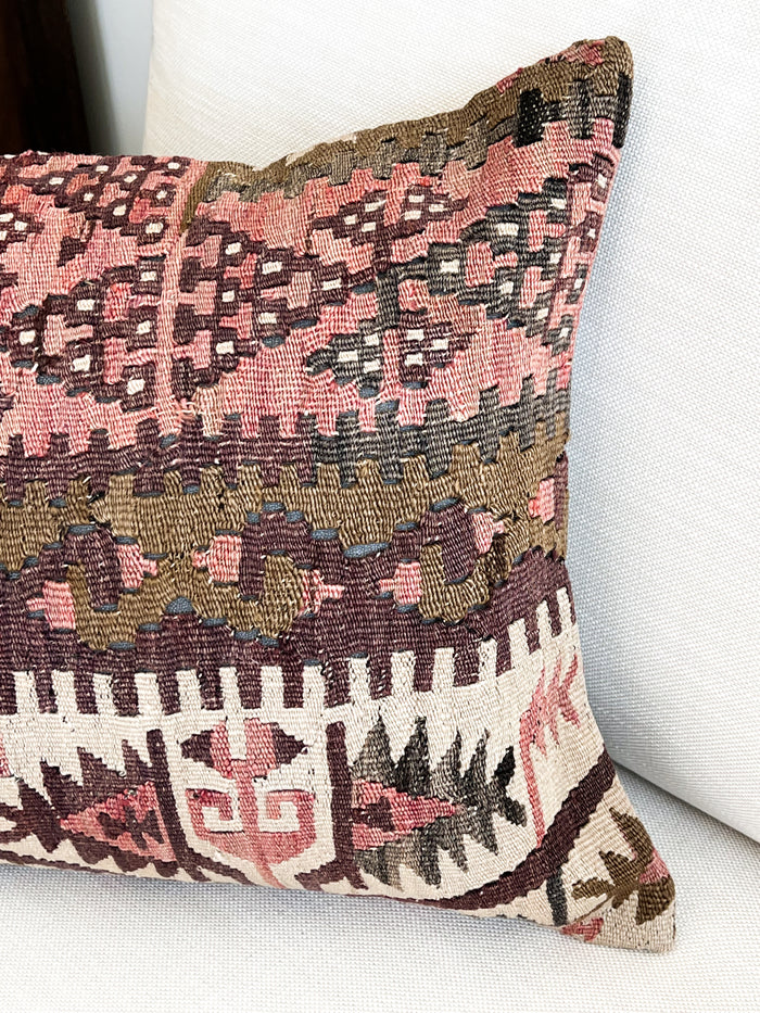 traditional Handmade Turkish kilim pillow cover made with vintage rugs 16x24 pink olive boho scandanavian design