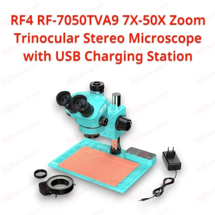 RF4 RF-7050TVA9 7X-50X Zoom Trinocular Stereo Microscope with USB Charging Station