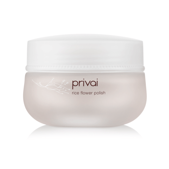 Container of Rice Flower Polish 50g | Privai featuring a minimalist design with a frosted jar and white lid, ideal for skincare and body care routines.