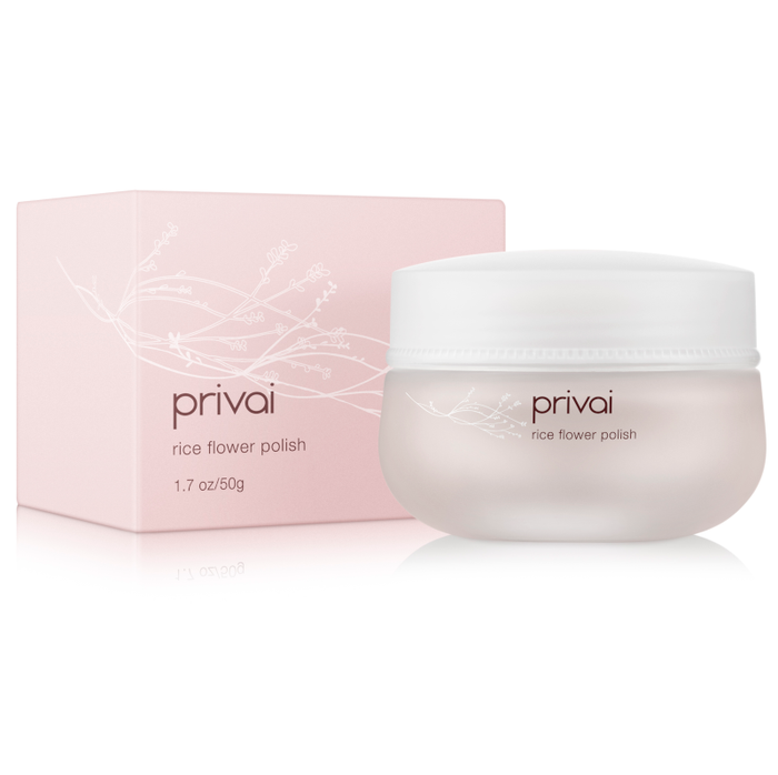 Rice Flower Polish 50g | Privai in a frosted jar with a white lid next to a matching soft pink box, designed for skincare and body care wellness.