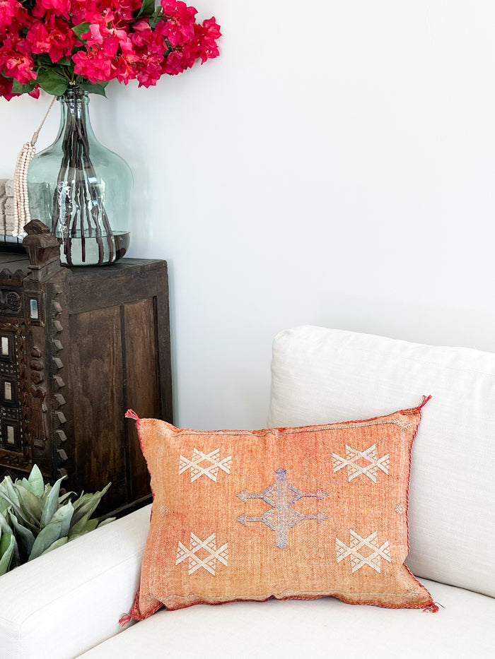 Artisanal Handmade Moroccan embroidered cactus silk sabra lumbar pillow rust orange handwoven boho eclectic decor