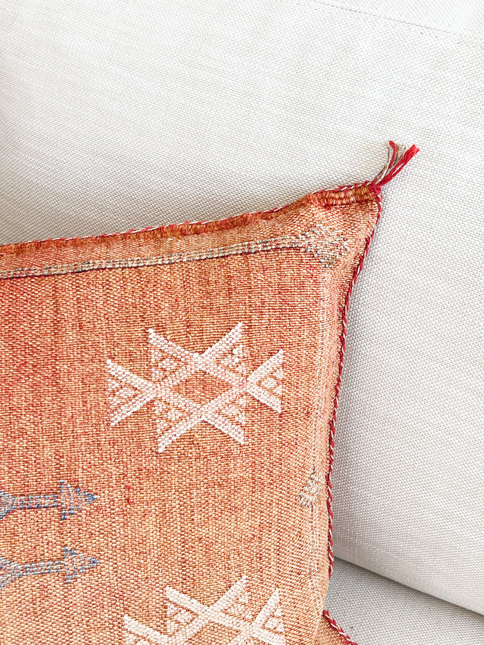 Artisanal Handmade Moroccan embroidered cactus silk sabra lumbar pillow rust orange handwoven boho eclectic decor