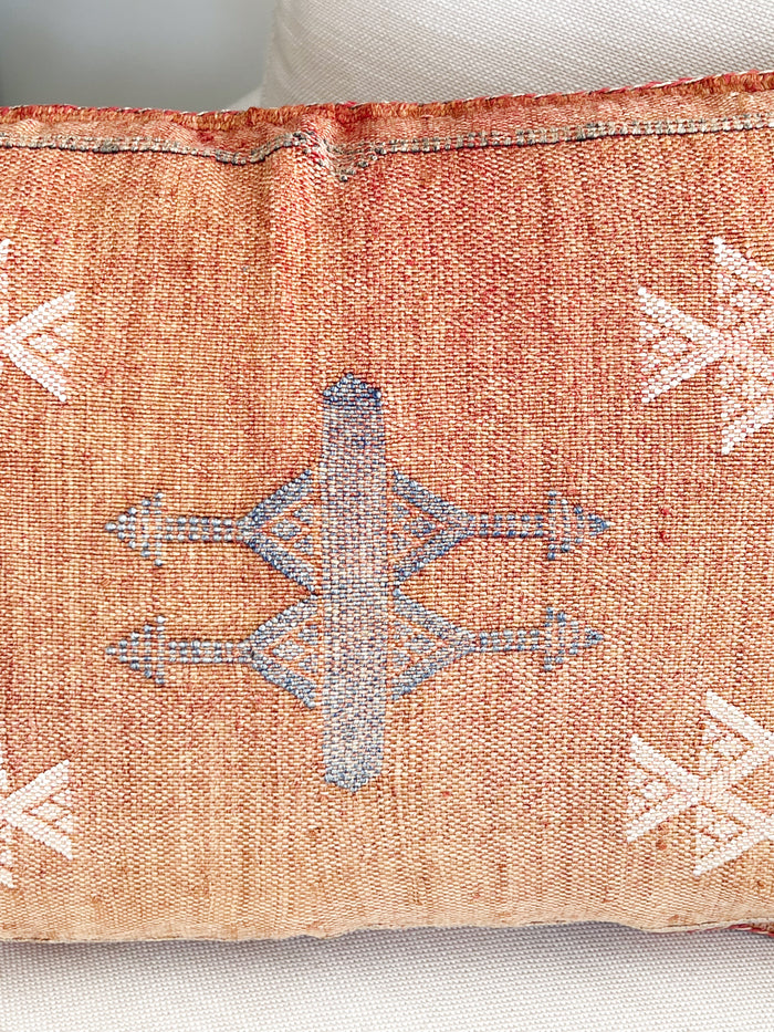 Artisanal Handmade Moroccan embroidered cactus silk sabra lumbar pillow rust orange handwoven boho eclectic decor