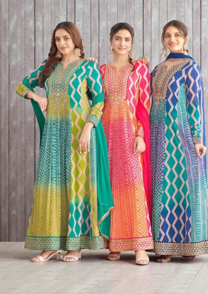 Saawan : Chinon silk long gowns by Kurti Connection USA