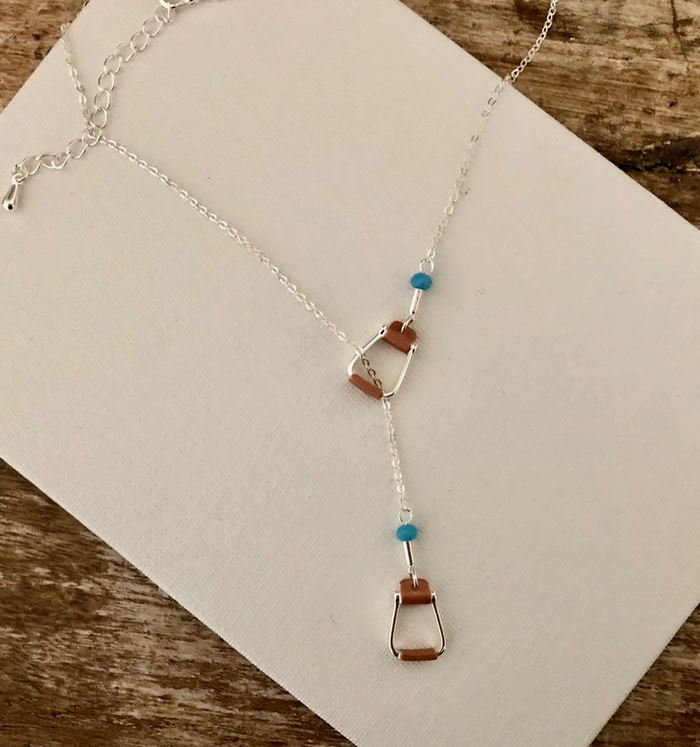 Saddle Stirrup Necklace W/Aqua Bead
