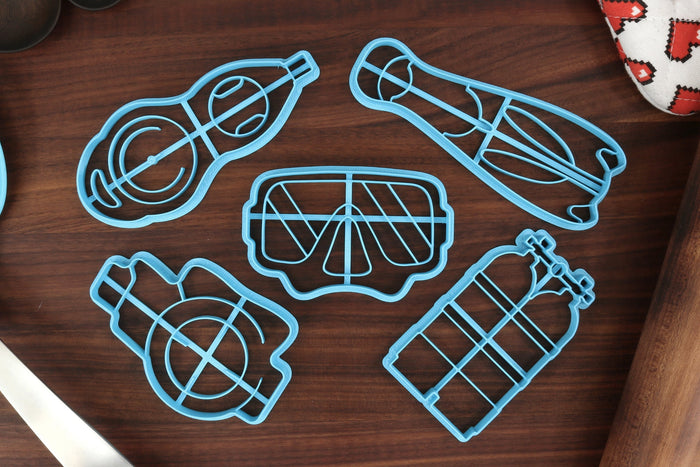 Scuba Diving Cookie Cutters, Set 1 - Depth Gauge, Scuba Fins, Scuba Goggles, Scuba Respirator, Scuba Tank - Water Sports