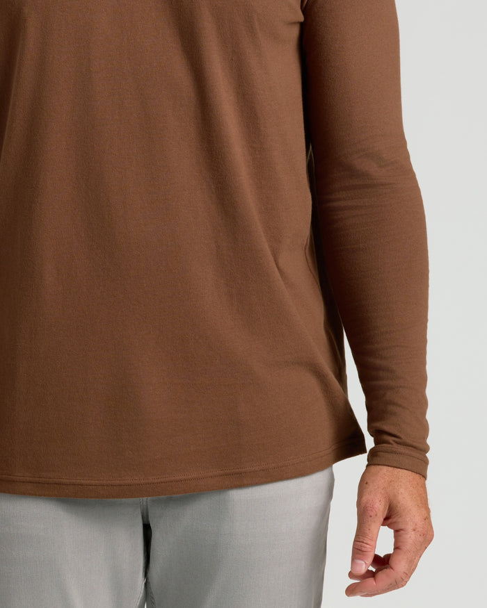 Seasonal Tall Classic Long Sleeve Crew, brown shirt, light-grey pants visible.