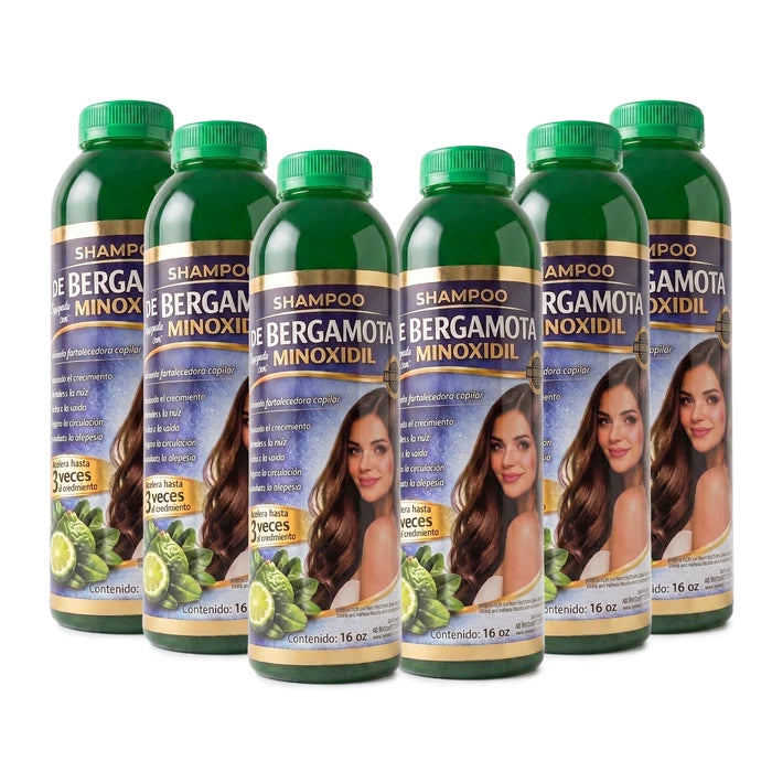 Shampoo de Bergamota con Minoxidil (Pack of 6, 16 oz Each) – Hair Loss Treatment & Fast Hair Growth Formula