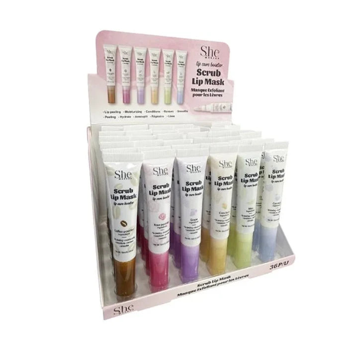 S.he Makeup Lip Care Booster Scrub Lip Mask - Assorted Exfoliating Flavors - 36pcs Display
