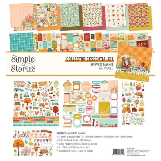 Simple Stories - Collector's Essential Kit 12"X12" - Harvest Market. 12 sheets of double-sided 12x12 inch Designer Cardstock including cut apart Journal, Tags and Element Sheets and a 12x12 Sticker Sheet, Journal Bits, 6x12 inch Chipboard, Page Pieces. Available at Embellish Away located in Bowmanville Ontario Canada.