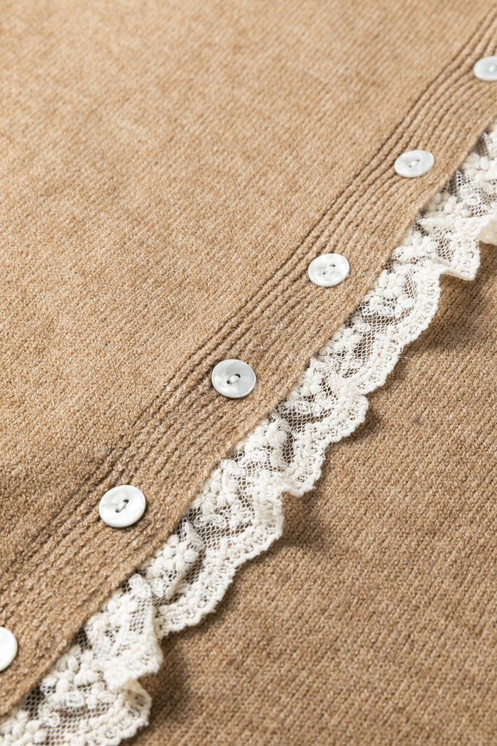 Simply Taupe Contrast Frilled Lace Trim Loose Cardigan Sweater