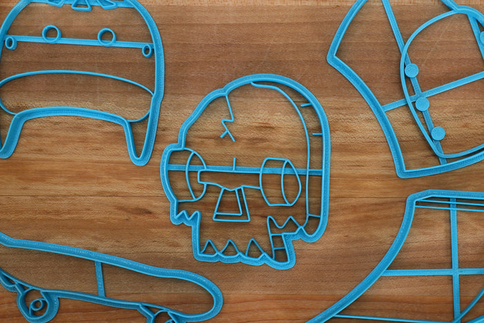 Skateboard Cookie Cutters - Skateboard Outline, Skateboarding Helmet, Kneepads, Ramps, Skull Deck - SkatingCookie Cutter