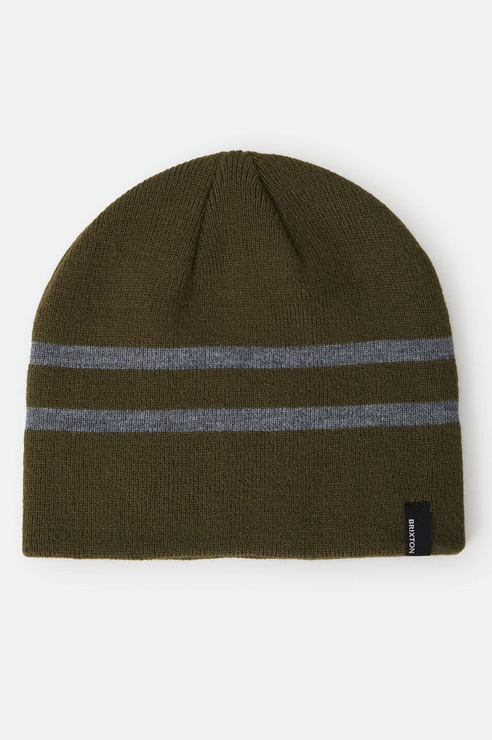Unisex Skully Beanie in the color Dark Olive/Heather Grey Stripe - Front Product View