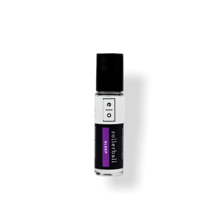Clear glass rollerball bottle with a black cap and label featuring purple accents, containing Sleep Rollerball - Sleep Support | Essence One for wellness and relaxation.