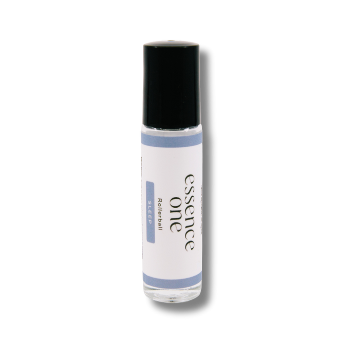 A small clear rollerball bottle with a black cap, labeled Sleep Rollerball - Sleep Support | Essence One, designed for wellness and relaxation support.