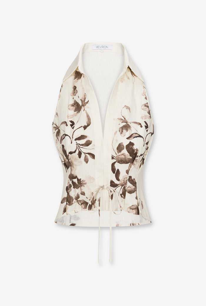 HEVRON Sloan Vest Floral Chocolate Linen Vest, front view