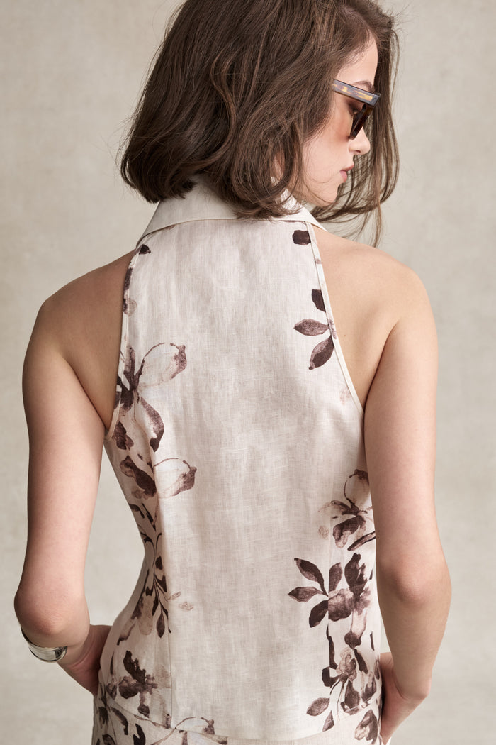 HEVRON Sloan Vest Floral Chocolate Linen Vest, studio shot