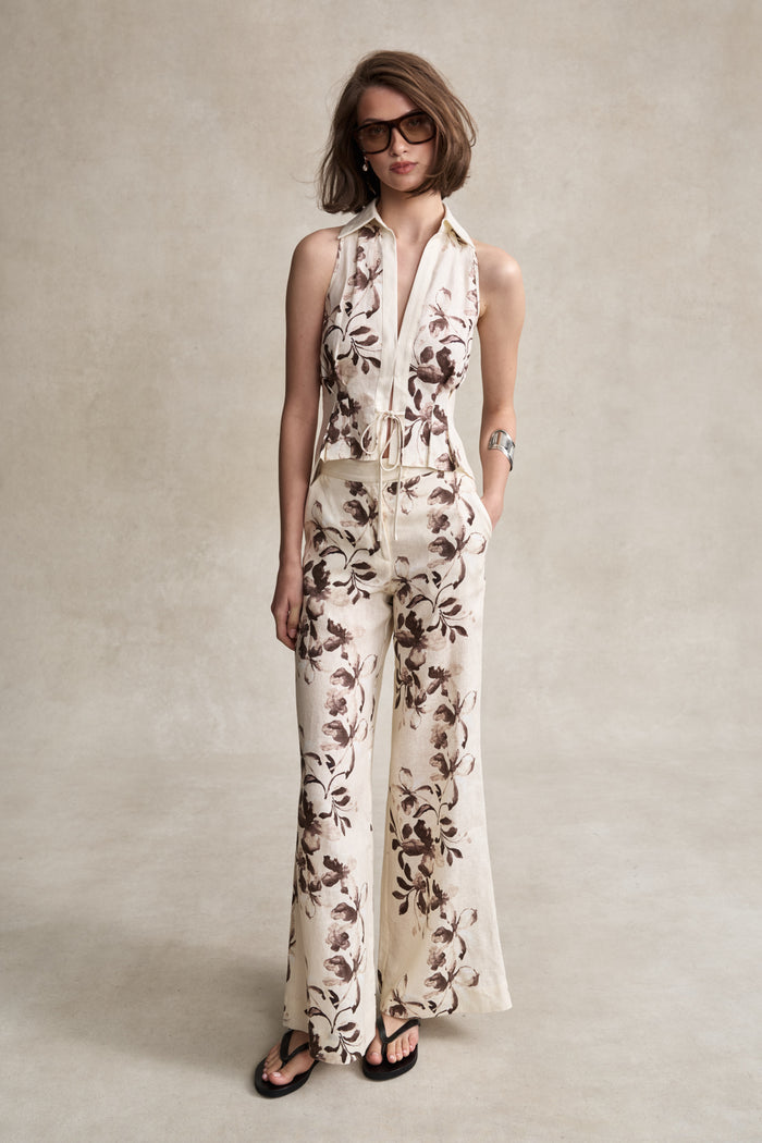 HEVRON Sloan Vest Floral Chocolate Linen Vest, studio shot