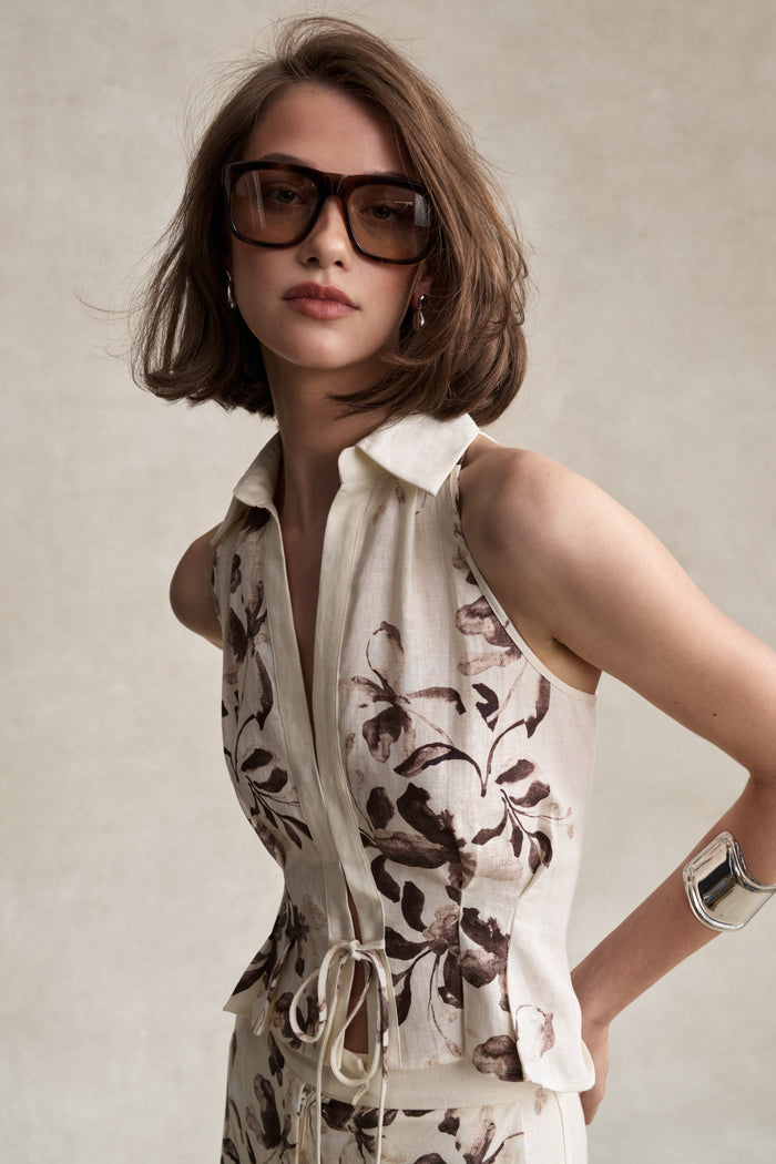 HEVRON Sloan Vest Floral Chocolate Linen Vest, studio shot