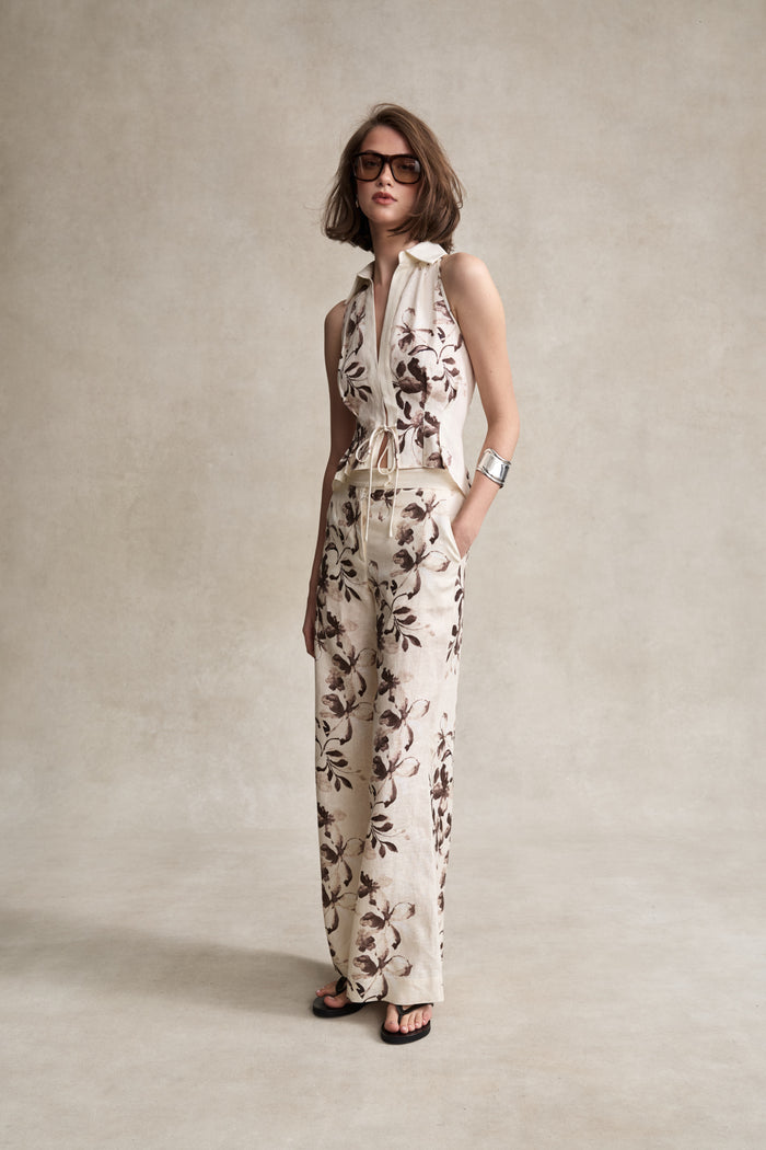 HEVRON Sloan Vest Floral Chocolate Linen Vest, studio shot
