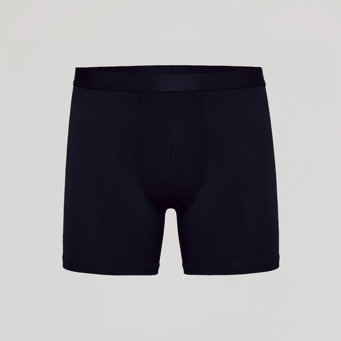 Black Boxer Briefs with supportive flyless 3D pouch, ultra-soft fabric.
