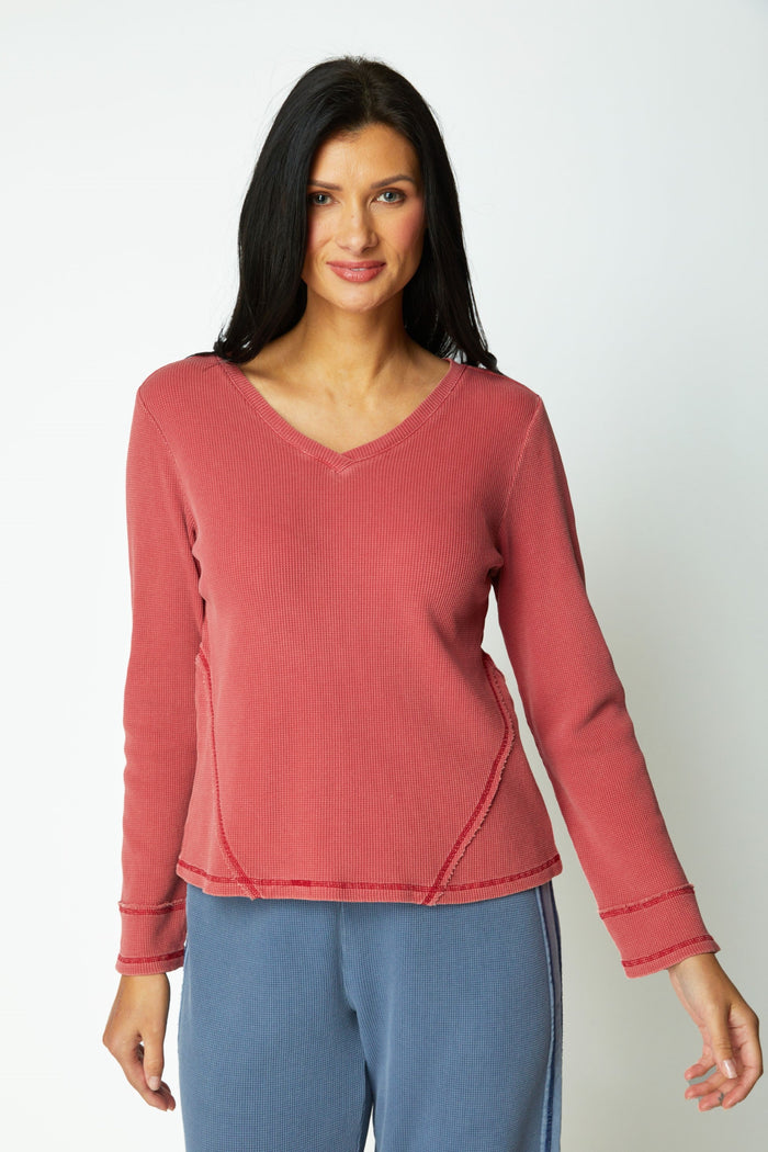 Soft Waffle Knit V-Neck Top - 26537 - Size L