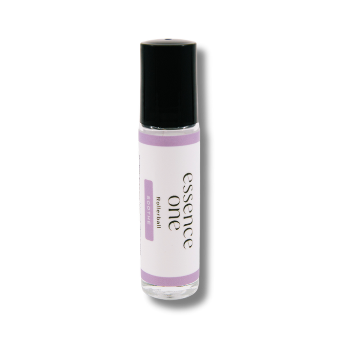 Soothe Rollerball - Abdominal Support | Essence One in a clear glass bottle with a black cap, designed for targeted wellness and body care massage application.