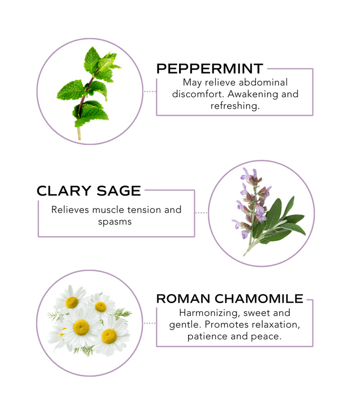 Illustration showing peppermint leaves described as awakening and refreshing for abdominal discomfort relief, clary sage flowers relieving muscle tension and spasms, and Roman chamomile flowers promoting relaxation and peace, related to Soothe Rollerball - Abdominal Support | Essence One.