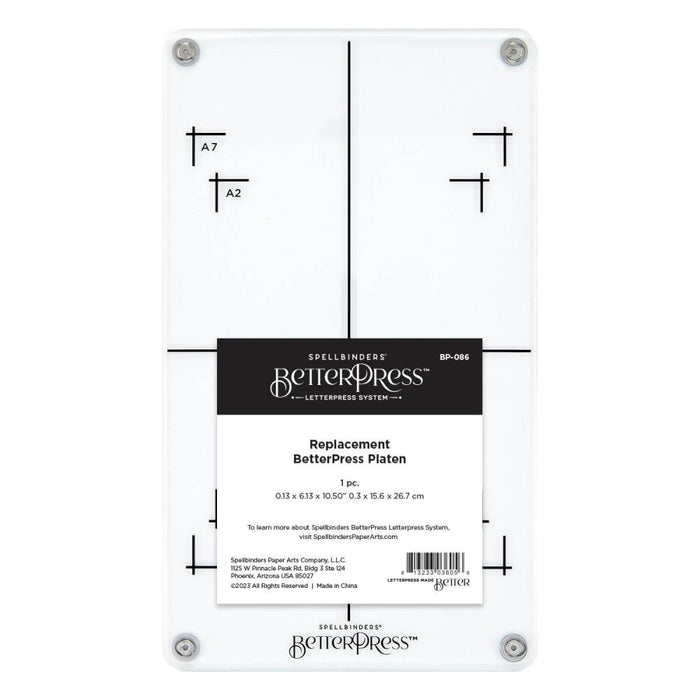 Spellbinders - BetterPress Platen Replacement - 10.5"X6.13". Replacement BetterPress Platen works in the BetterPress System. The Platen is a clear top plate with registration marks. Available at Embellish Away located in Bowmanville Ontario Canada.