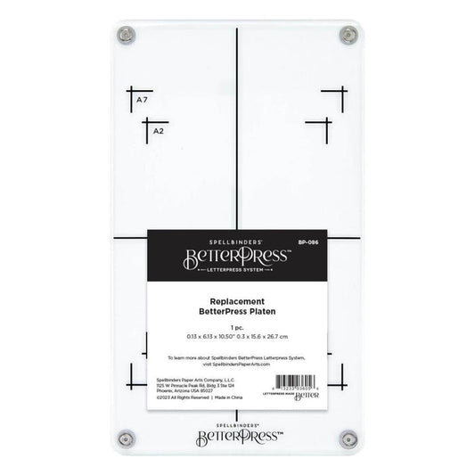 Spellbinders - BetterPress Platen Replacement - 10.5"X6.13". Replacement BetterPress Platen works in the BetterPress System. The Platen is a clear top plate with registration marks. Available at Embellish Away located in Bowmanville Ontario Canada.