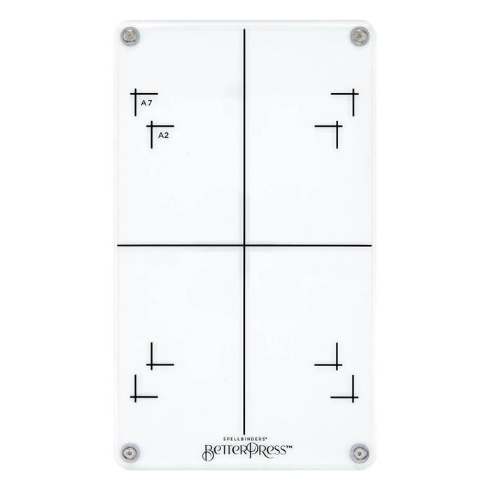 Spellbinders - BetterPress Platen Replacement - 10.5"X6.13". Replacement BetterPress Platen works in the BetterPress System. The Platen is a clear top plate with registration marks. Available at Embellish Away located in Bowmanville Ontario Canada.