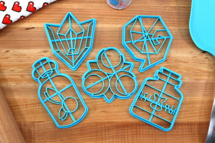 Spiritual Stones Cookie Cutters - Zora Sapphire, Goron Ruby, Kokiri Emerald, Fairy Bottle, Lon Lon Milk - Legend of Zelda Ocarina of Time