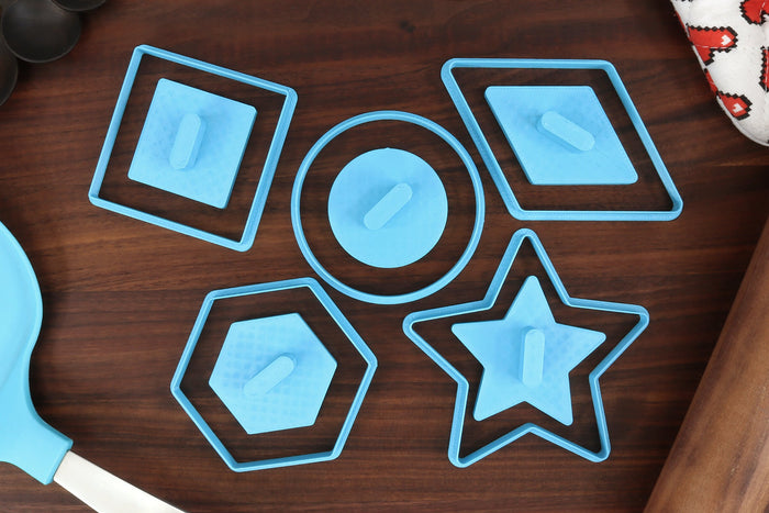 Stamp Thumbprint Cookie Cutters - Circle, Hexagon, Rhombus, Square, Star Shapes - Filling Cookies