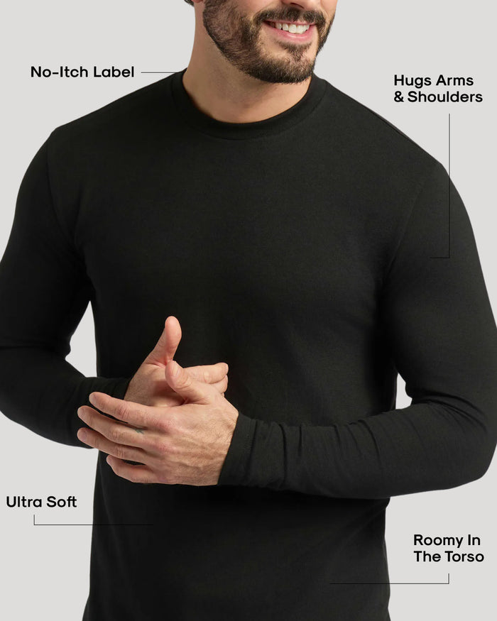Man wearing Classic Long Sleeve Crew Neck 3-Pack, highlighting comfort features.