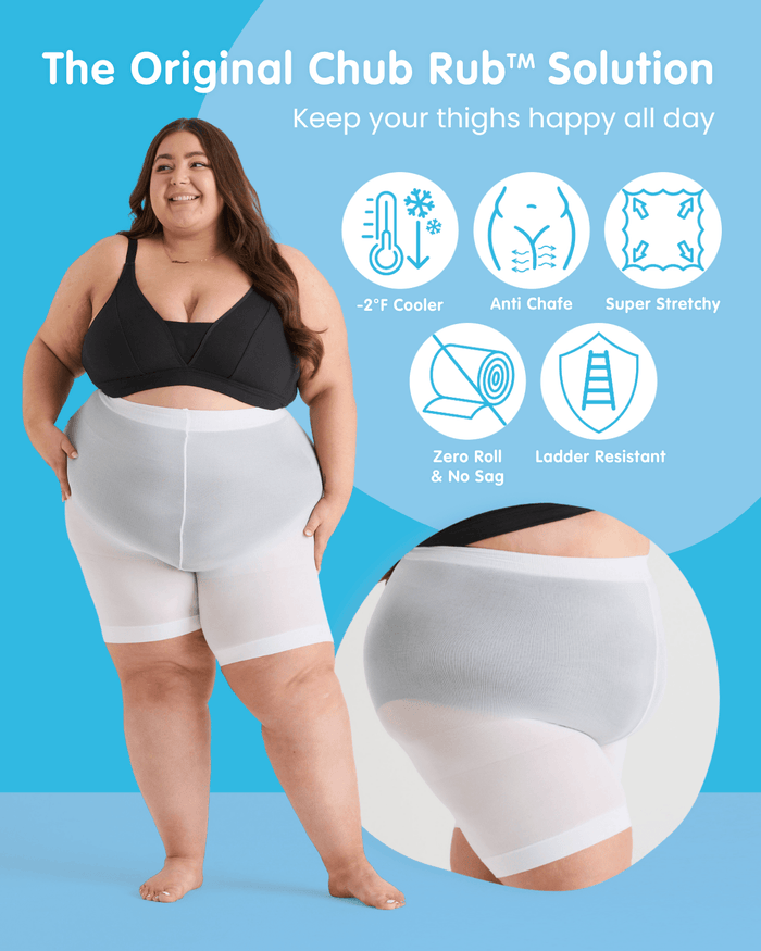 Model in white anti-chafing shorts. Features: cooling, anti-chafing, super stretchy, no rolling, and ladder-resistant.