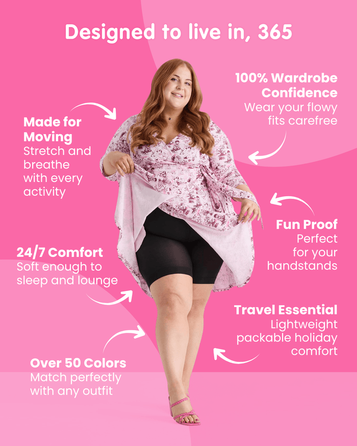Teal chub rub shorts worn under a floral dress. Customer review praises their superior durability over expensive competitors.