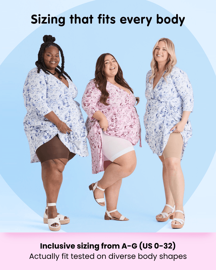Three diverse models wearing brown, white, and beige chub rub shorts. Text highlights fit testing on real bodies.