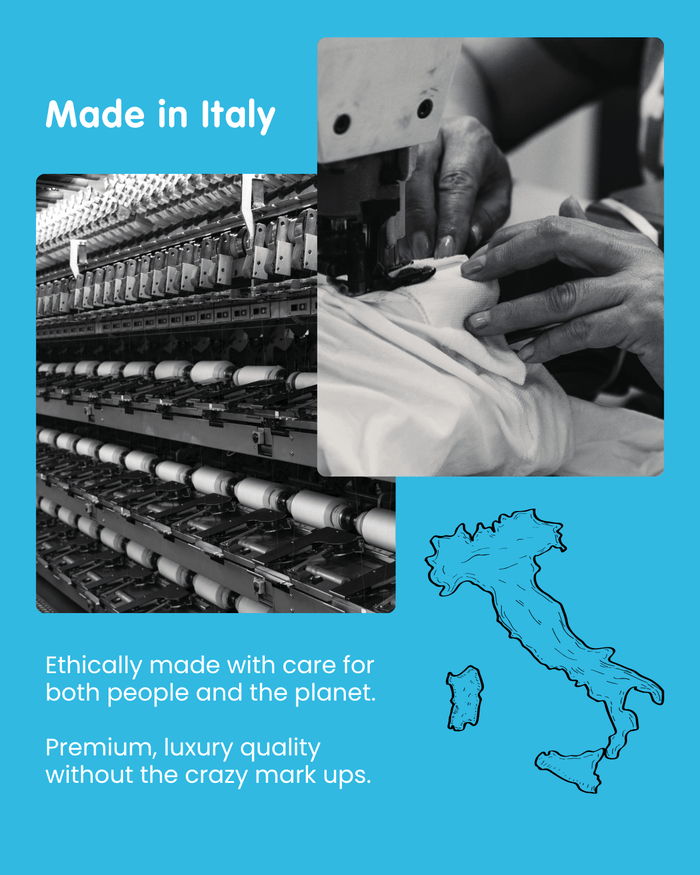 Photos of Italian textile making. Text states the shorts are ethically made, offering premium luxury quality without high markups.