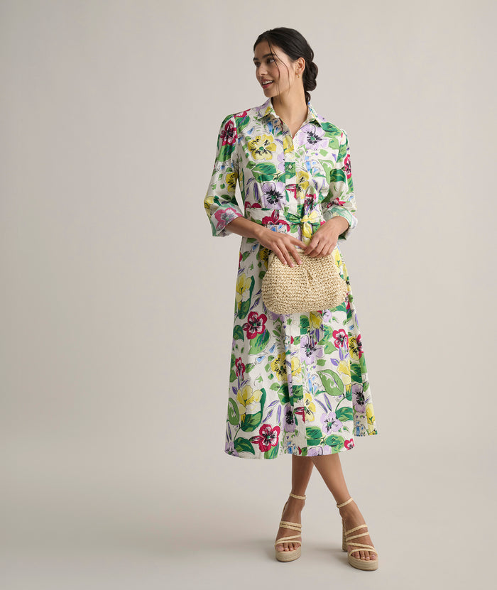 Model is wearing UNTUCKit Long Sleeve Cotton Stretch Floral Print Mariah Shirtdress .