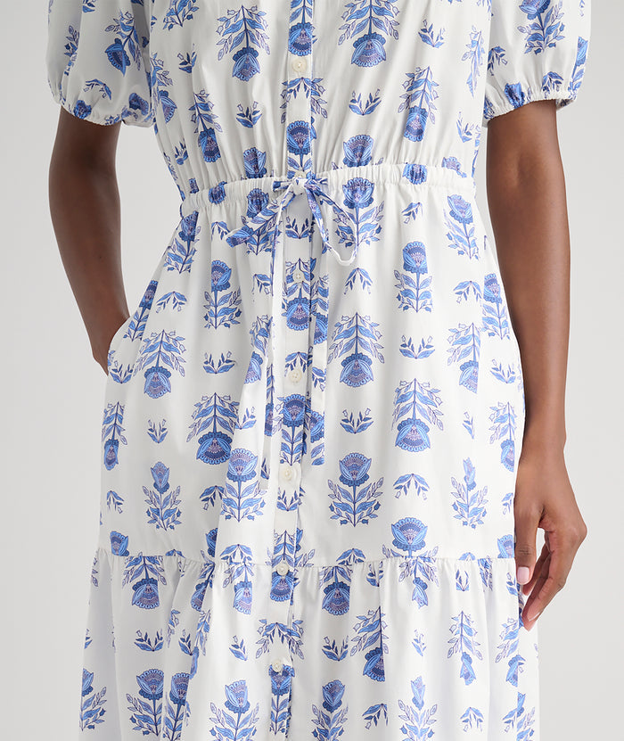 Model is wearing UNTUCKit Brigitte dress in floral white print.